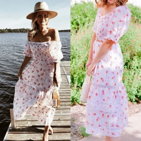 LoveShackFancy X Target Cosette Floral Midi Dress Smocked Cottagecore Lace Pink - Picture 5 of 14